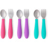 Elk and Friends Kids Silverware with Silicone Handle | Childrens Safe Flatware | Toddler Utensils | Baby Spoons + Forks | Stainless Steel Cutlery - Purple/Pink/Teal