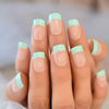 EchiQ Pearl Shine Glossy Fake Nails Shimmer White Square French Nail Ombre Faux Ongles Gradient Medium Fingernails with Gluetabs - Green French