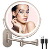 Rechargeable Wall Mounted Lighted Makeup Vanity Mirror 8 inch 1X/10X Magnifying Bathroom Mirror with 3 Color Lights, Double Sided with Dimmable LED Lights, Extended Arm 360° Swivel Extension Mirror - Brushed Nickel