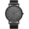 BUREI Men Watches Brown Leather Fashion Minimalist Wrist Watch Simple Ultra Thin Waterproof Quartz Watches All Black Stainless Steel Mesh Band,Gift for Men Women - Black