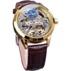 FORSINING Men's Skeleton Moon Phase Watch Mechanical Self-Wind Tourbillon Dual Time Zone Watches Automatic Luxury Leather Strap Large Dial Wristwatch - gold