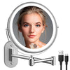 Rechargeable Wall Mounted Lighted Makeup Vanity Mirror 8 inch 1X/10X Magnifying Bathroom Mirror with 3 Color Lights, Double Sided with Dimmable LED Lights, Extended Arm 360° Swivel Extension Mirror - Silver