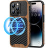 TENDLIN Compatible with iPhone 14 Pro Max Case Wood Grain with Carbon Fiber Texture Design Leather Hybrid Slim Case Black - Magnetic Black