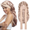 AWAYTR Long Satin Bonnet for Women - Double Layer Elastic Silk Bonnet for Braids Hair Sleeping Cap with Tie Band (Rose Gold) - Champagne