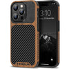 TENDLIN Compatible with iPhone 14 Pro Max Case Wood Grain with Carbon Fiber Texture Design Leather Hybrid Slim Case Black - Black