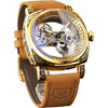FORSINING Men's Luxury Square Carving Mechanical Watch, Retro Totem Double Sided Hollow Skeleton Self-Wind Automatic Watches, Vintage Leather Strap Wristwatch - Gold