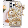Guppy for iPhone 14 Pro Max Bling Glitter Case,Luxury Diamond Rhinestone Gemstone 3D and Flower Gemstone Pumpkin Car Tower Pendant Pearl Soft TPU Back Cover Case for Women Pink - Gold