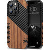 TENDLIN Compatible with iPhone 14 Pro Max Case Wood Grain with Carbon Fiber Texture Design Leather Hybrid Slim Case Black - Twill