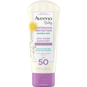 Aveeno Baby Continuous Protection Zinc Oxide Mineral Sunscreen Lotion for Sensitive Skin with Broad Spectrum SPF 50, Tear-Free, Sweat- & Water-Resistant, Travel-Size, 3 fl. Oz