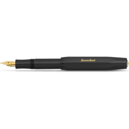 Kaweco CLASSIC SPORT Fountain Pen Black with 23 Carat Gold-Plated Steel Nib and Iridium Tip for Ink Cartridges I Sport Fountain Pen 13 cm I Nib: B (Broad)
