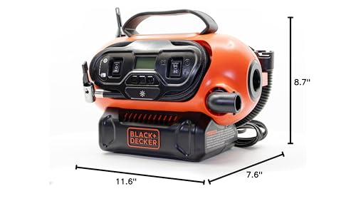 Buy now BLACK+DECKER Tire Inflator Portable Air Compressor, Air Pump for Inflatables, 3 Modes: Electric Outlet, 12V Car Adapter and Cordless 20V MAX, Battery Sold Separately (BDINF20C) at indiglob india