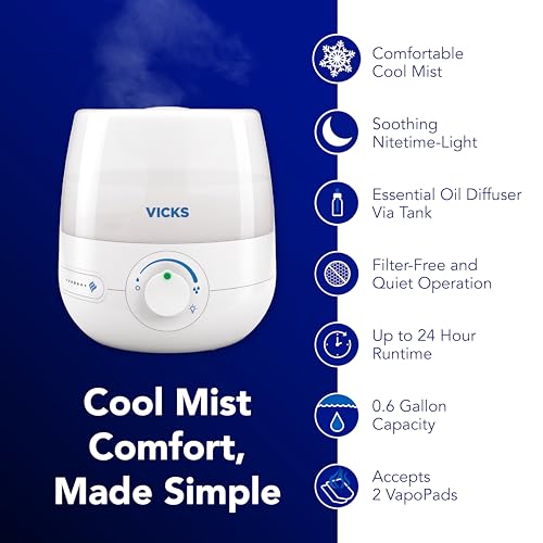 Buy now Vicks NaturalCare Cool Mist Ultrasonic Humidifier (VUL530), White, Small Room – Humidifier and Diffuser with Nighttime Light, Works with Vicks VapoPads at indiglob india