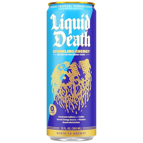 Buy now Liquid Death Sparkling Energy - Tropical Terror (Classic Piña Colada), Zero Sugar Energy Drink, Unextreme Caffeine 100mg, Essential Vitamins, 12 Fl Oz (Pack of 12) at indiglob india