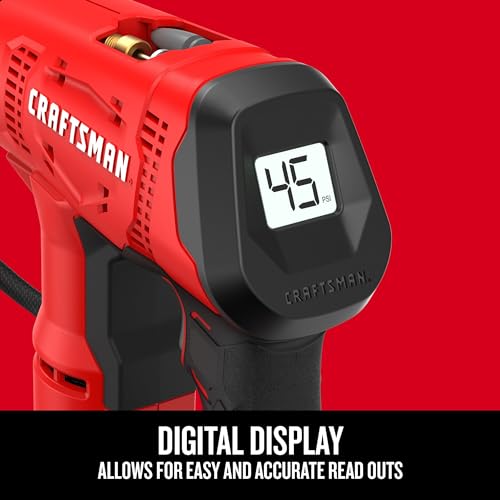 Buy now CRAFTSMAN V20 Air Compressor Portable, Cordless Tire Inflator, Up To 150 PSI Tire Pump, with Digital Pressure Gauge, Tool Only (CMCE521B) at indiglob india