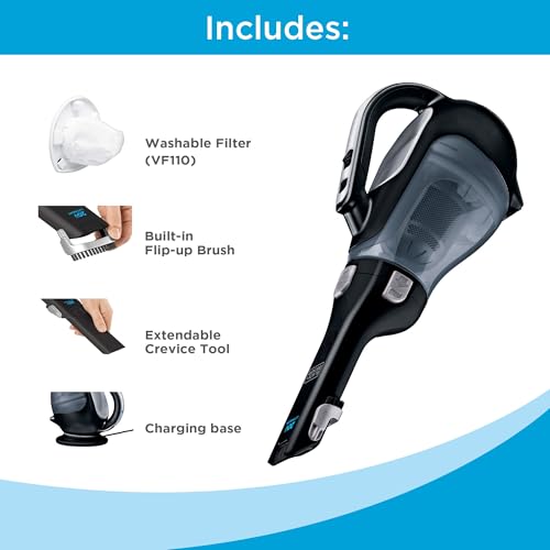 Buy now BLACK+DECKER dustbuster 20V Hand Vacuum Cordless Rechargeable, Car Vacuum Portable, Powerful Suction AdvancedClean Hand Vac with Extendible Crevice Tool, Flip-Up Brush and Charging Base (BDH2000L) at indiglob india