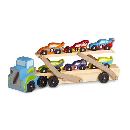Buy now Melissa & Doug Mega Race-Car Carrier - Wooden Tractor and Trailer with 6 Unique Race Cars at indiglob india
