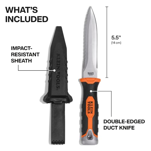 Buy now KLEIN TOOLS DK16 Double-Edged Duct Knife, Serrated Stainless Steel Blade, Designed for Duct Board and Insulation, Fixed Blade Knife with Sheath, 5-1/2-Inch at indiglob india
