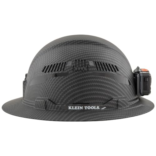 Buy now Klein Tools 60347 Hard Hat, Vented Full Brim, Class C, Premium KARBN Pattern, Rechargeable Lamp, Padded Sweat-Wicking Sweatband, Top Pad at indiglob india