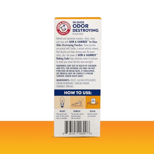Buy now Arm & Hammer In-Shoe Odor Destroying Pouches, Shoe Deodorizer Insert for Reducing Odor and Absorbing Moisture, Smell Eliminator for All Footwear, Gym Bags and Work Boots (4 Pouches) at indiglob india
