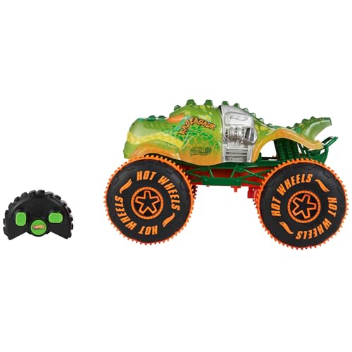 Buy now Hot Wheels Monster Trucks Remote-Control Toy Vehicle, 1:15 Scale Rageasaur RC with Grip Action Tires for Off-Roading & Wheelie Stunting at indiglob india