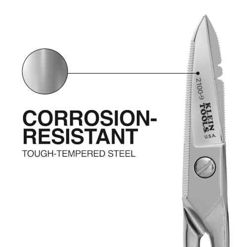 Buy now Klein Tools 2100-9 Stainless Steel Electrician Scissors, Made in USA, 5.25-Inch Free-Fall Handle Snips, Stripping Notches, Non-Slip Serrated Blade at indiglob india