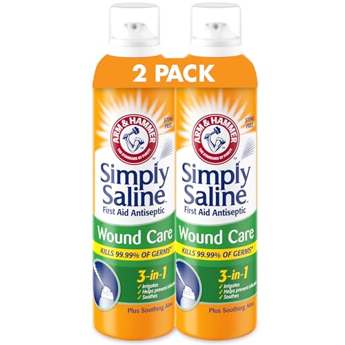 Buy now ARM & HAMMER Simply Saline Wound Care 3-in-1, Antiseptic First Aid Spray with Aloe to Help Prevent Infection, Sting-Free Saline for Wound Irrigation and Cleaning, Soothe Wounds with Aloe, 7.4 oz, 2pk at indiglob india