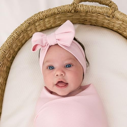 Buy now Little Sleepies Swaddle & Luxe Bow Headband Set, Viscose from Bamboo Baby Swaddles, Newborn Baby Girl Clothes (Prima Pink Ribbed) at indiglob india
