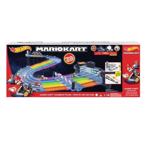 Buy now Hot Wheels Mario Kart Rainbow Road Raceway 8-Foot Track Set with Lights & Sounds & 2 1:64 Scale Vehicles, Race with 5-Track Colorful Course with 2 Configurations at indiglob india