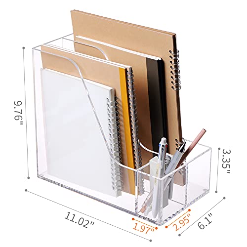 Buy now SANRUI Acrylic File Organizer with Pencil Holder Multi-Functional Clear Desk Accessories Organizer with 2 Slot Magazine Book Sorter Holder , 3 Compartments at indiglob india