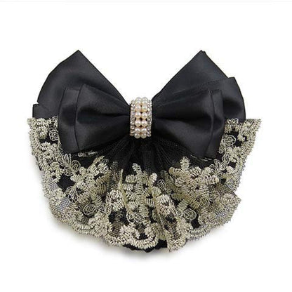 Lady Bow Hair Bun Net Snood Crochet Net Bun Hair Cover Hair Accessories Bowknot Decor Barrette Hair Clip Lace Flower Hair Accessories (Black)