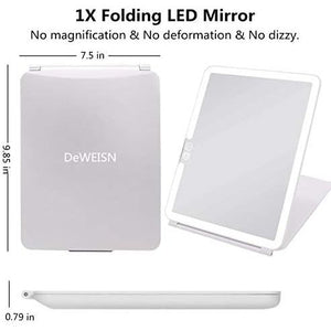 deweisn Folding Lighted Makeup Mirror with 72 LEDs 3 Colors Light Modes USB Rechargable 1800mA Batteries Portable Ultra Thin Compact Vanity Mirror Dimmable Travel Mirror