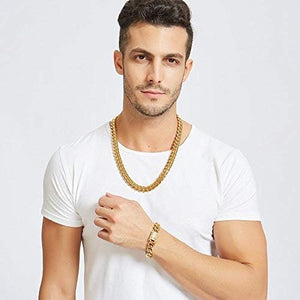 Jxlepe Mens Miami Cuban Link Chain 18K Gold 15mm Stainless Steel Curb Necklace with cz Diamond Chain Choker