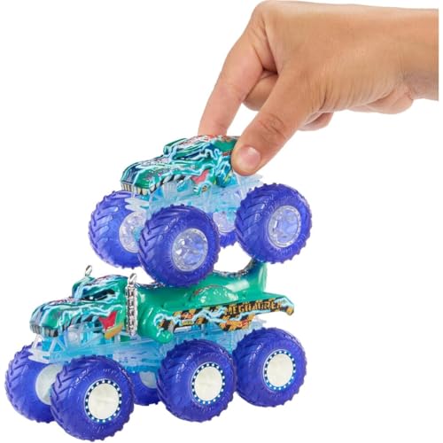 Buy now Hot Wheels Monster Trucks Multipack, 1:64 Scale Mega-Wrex & Tiger Shark Toy Trucks with Big Rigs in Matching Power Smashers Deco at indiglob india