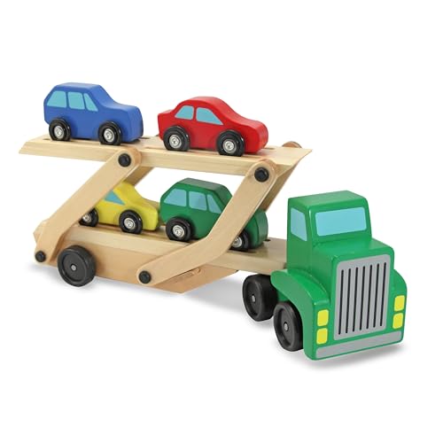 Buy now Melissa & Doug Car Carrier Truck and Cars Wooden Toy Set with 1 Truck and 4 Cars 5.75" x 12" x 3" at indiglob india