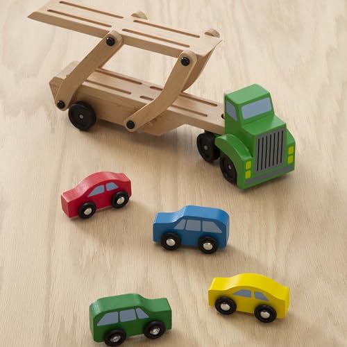 Buy now Melissa & Doug Car Carrier Truck and Cars Wooden Toy Set with 1 Truck and 4 Cars 5.75" x 12" x 3" at indiglob india