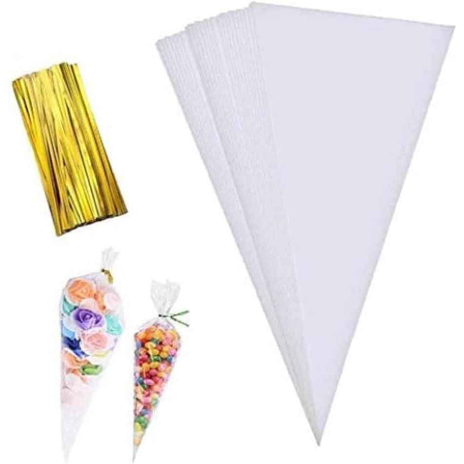 100 Pieces Popcorn Bags for Party Cone Shape Bags Transparent Cello Bags Sweet Clear Treat Bags with 100 Pieces Twist Ties, 9.8 x 5.1 Inch (Gold Twist Ties)