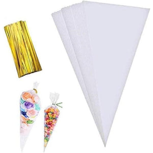 100 Pieces Popcorn Bags for Party Cone Shape Bags Transparent Cello Bags Sweet Clear Treat Bags with 100 Pieces Twist Ties, 9.8 x 5.1 Inch (Gold Twist Ties)