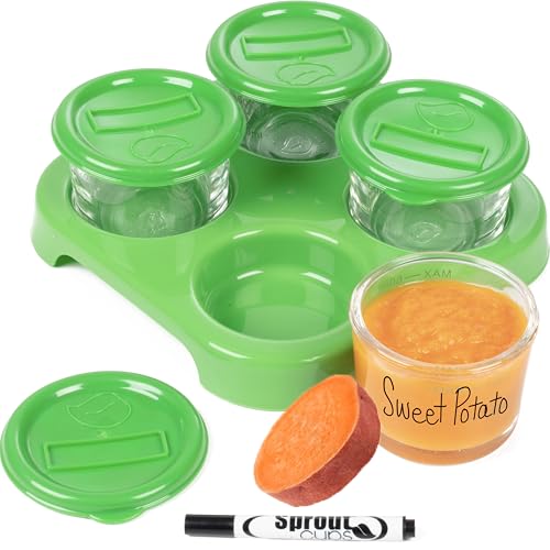 Buy now Glass Baby Food Storage Containers (4 Pk) - 2oz Jars in Stackable Storage Tray w Tight Interlocking Base- Dry-Erase Marker Labeling- Microwave Freezer Dishwasher Safe- Babyfood Breast Milk, Gift at indiglob india