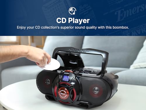 Buy now Emerson EPB-3002 Portable Bluetooth, MP3/CD AM/FM Stereo Radio Cassette Player/Recorder with Subwoofer and USB Input Boombox at indiglob india