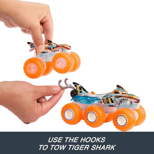 Buy now Hot Wheels Monster Trucks Multipack, 1:64 Scale Mega-Wrex & Tiger Shark Toy Trucks with Big Rigs in Matching Power Smashers Deco at indiglob india