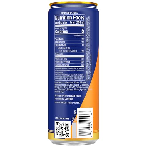 Buy now Liquid Death Sparkling Energy - Tropical Terror (Classic Piña Colada), Zero Sugar Energy Drink, Unextreme Caffeine 100mg, Essential Vitamins, 12 Fl Oz (Pack of 12) at indiglob india