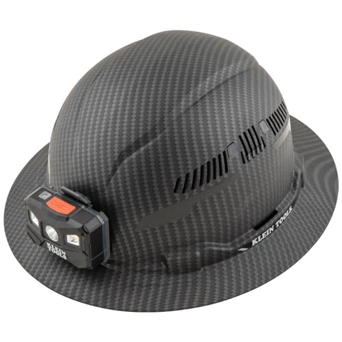 Buy now Klein Tools 60347 Hard Hat, Vented Full Brim, Class C, Premium KARBN Pattern, Rechargeable Lamp, Padded Sweat-Wicking Sweatband, Top Pad at indiglob india