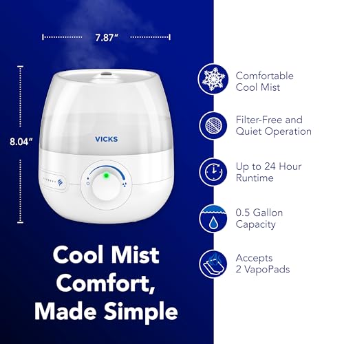 Buy now Vicks Mini Filter Free Cool Mist Humidifier, Small Room ƒ?? Variable Mist Control ƒ?? Works with Vicks VapoPads at indiglob india