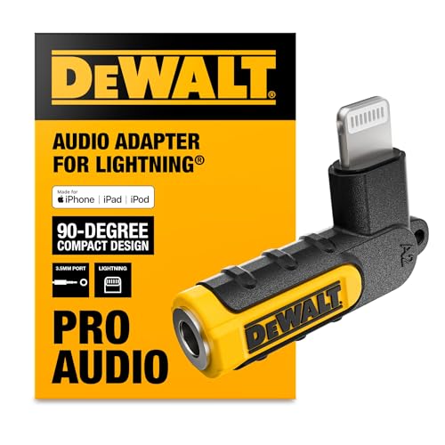 Buy now DEWALT Heavy Duty 3.5mm to Lightning Adapter, 90Degree L Connector Female to 3.5mm Male Headphone Jack Adapter for iPhone, Compatible Lightning to 3.5 mm Headphone Jack Adapters, Adapts Legacy Devices at indiglob india
