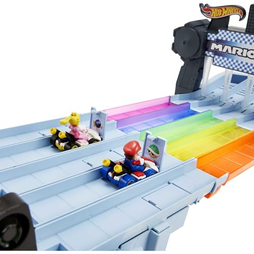 Buy now Hot Wheels Mario Kart Rainbow Road Raceway 8-Foot Track Set with Lights & Sounds & 2 1:64 Scale Vehicles, Race with 5-Track Colorful Course with 2 Configurations at indiglob india