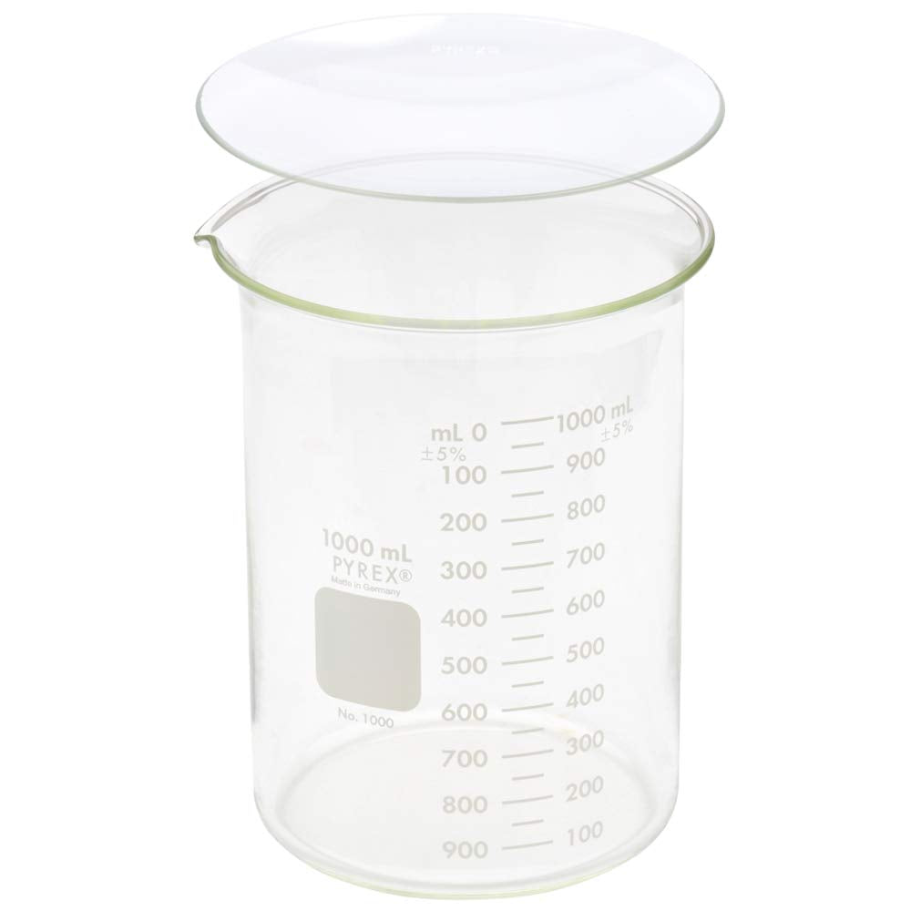 Buy now Corning Pyrex 1000-1L, 1000ml Glass Beaker with Corning Pyrex 9985-125, 125mm Watch Glass, Low Form Griffin, Double Scale (Single) at indiglob india