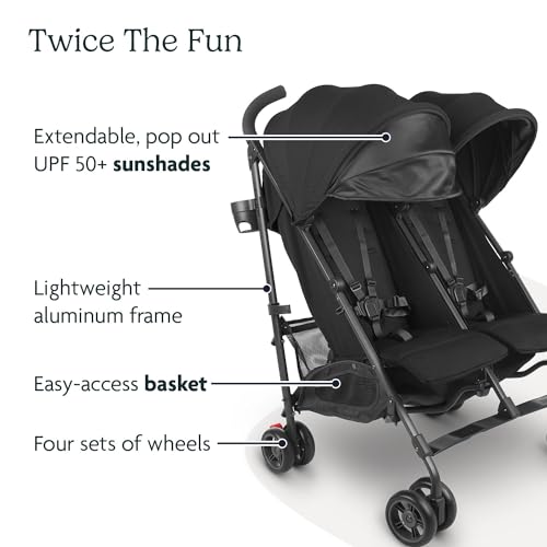 Buy now UPPAbaby G-Link V2 Double Umbrella Stroller / Lightweight Design / One-Step Fold + Recline / XL Basket + Canopy / Cup Holder Included / Jake (Black/Carbon Frame) at indiglob india