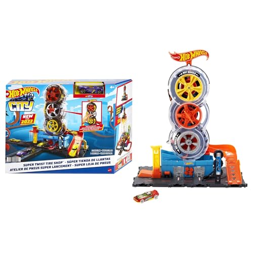 Buy now Hot Wheels City Super Twist Tire Shop Playset, Spin The Key to Make Cars Travel Through The Tires, Includes 1 Car, Gift for Kids 4 to 8 Years Old (Amazon Exclusive) at indiglob india