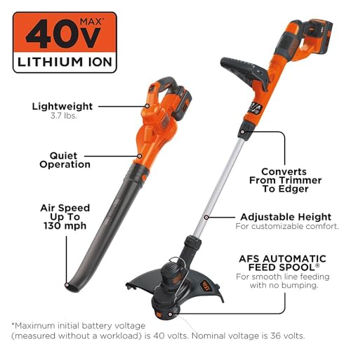 Buy now BLACK+DECKER 40V Max 13 In. String Trimmer Edger and Leaf Blower Cordless with Battery and Charger, Sweeper and Weed Wacker Combo Kit, Low Noise Design, Charge Indicator (LCC340C) at indiglob india