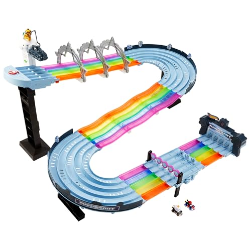 Buy now Hot Wheels Mario Kart Rainbow Road Raceway 8-Foot Track Set with Lights & Sounds & 2 1:64 Scale Vehicles, Race with 5-Track Colorful Course with 2 Configurations at indiglob india